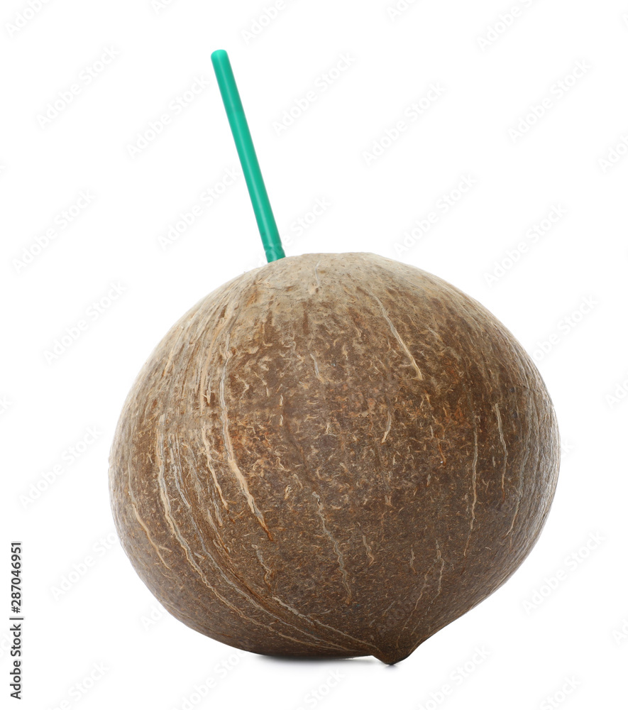 Brown coconut with straw on white background