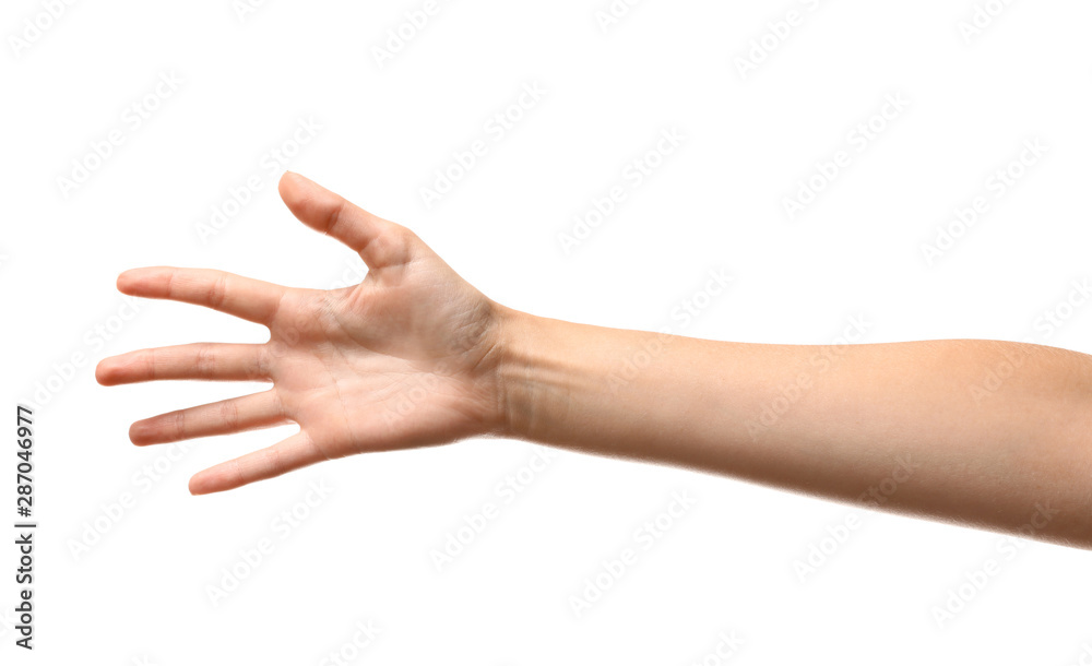 Young woman reaching hand for shake on white background, closeup