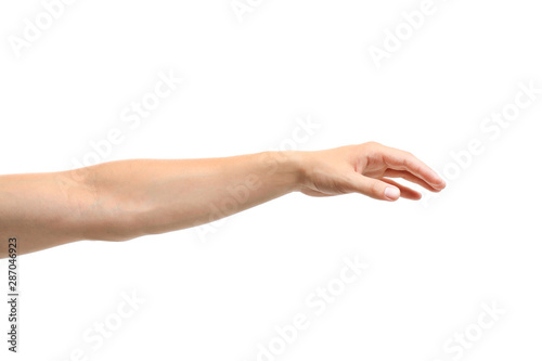 Young man held out hand on white background, closeup