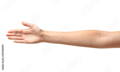 Young woman reaching hand for shake on white background, closeup © New Africa