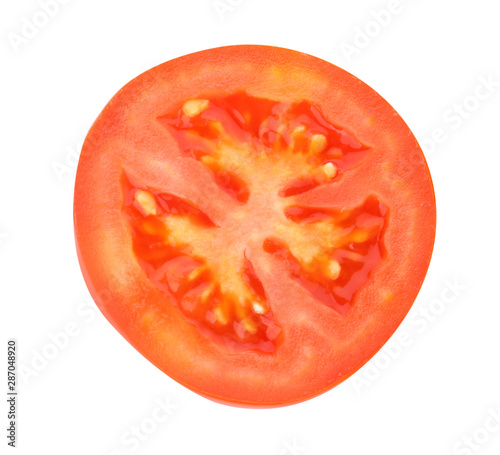 Half of fresh ripe red tomato on white background