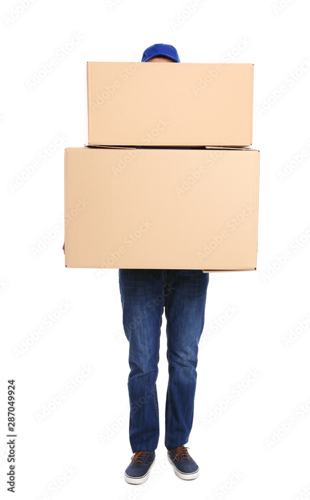 Courier with cardboard boxes on white background Courier with cardboard boxes on white background