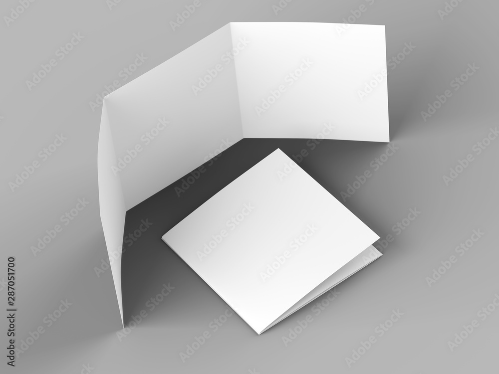 Open tri-folded leaflet in square format. 3d illustration Open tri-folded leaflet in square format. 3d illustration