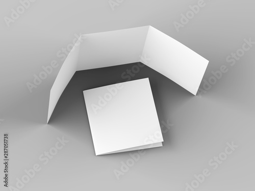 Open tri-folded leaflet in square format. 3d illustration © neva