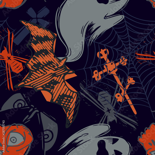 Abstract seamless halloween pattern for girls  boys  clothes. Creative background with scary lement. Funny wallpaper for textile and fabric. Fashion style. Colorful bright