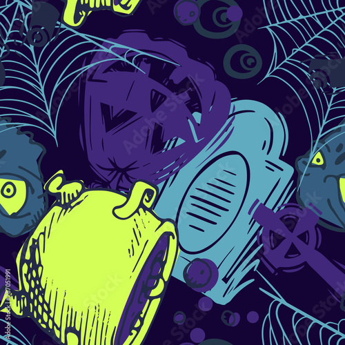 Abstract seamless halloween pattern for girls, boys, clothes. Creative background with scary lement. Funny wallpaper for textile and fabric. Fashion style. Colorful bright