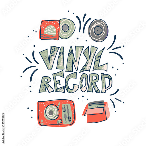 Vinyl record concept. Vector color text and decor.