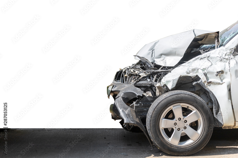 Naklejka premium Front of car damaged and broken by accident on road. Isolate on white background. Save with cliping path.