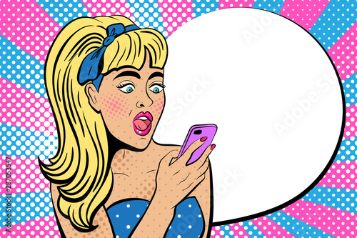 Attractive girl with wide open eyes and mouth   with phone in comic style. Pop art woman holding smartphone. Digital advertisement female model reading the message. Illustration.