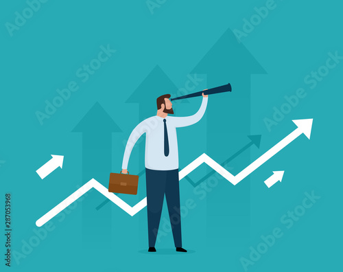 Businessman standing with telescope on growth charts. Business concept. Vector illustration. EPS 10.