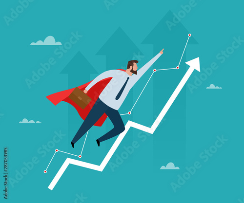 Super businessman flying with growth charts and arrows. Successful business strategy. Vector illustration design.
