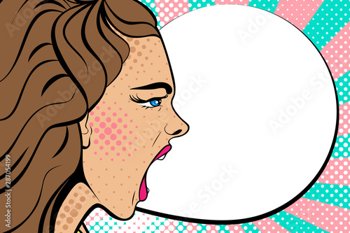 Woman screaming with open mouth. Vector background in comic style retro pop art. Girl with the speech bubble. Advertising Pop Art poster or invitation to a party. Face close-up.