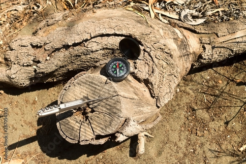 Compass and foldable knife on tree stump 