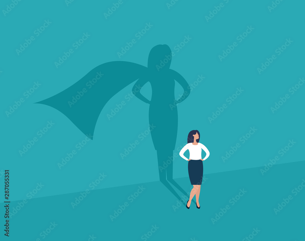 Naklejka Businesswoman and shadow superhero. Ambition and success vector concept. Vector illustration. EPS10.