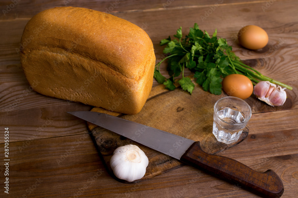 Still Life with bread, garlic, eggs and vodka Still Life with bread, garlic, eggs and vodka