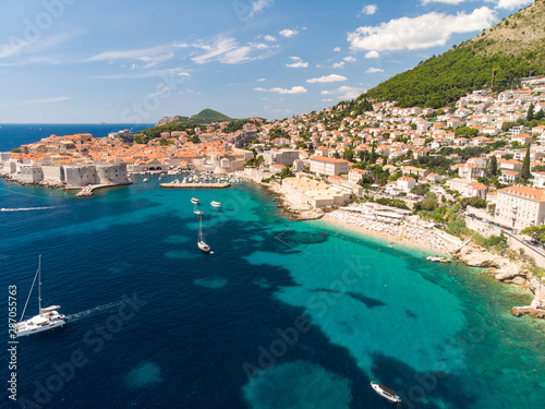 Aerial view of Dubrovnik with old town and Adriatic sea,Dalmatia,Croatia,Europe. Blue lagoon with clear water and deep blue sky. August 2019