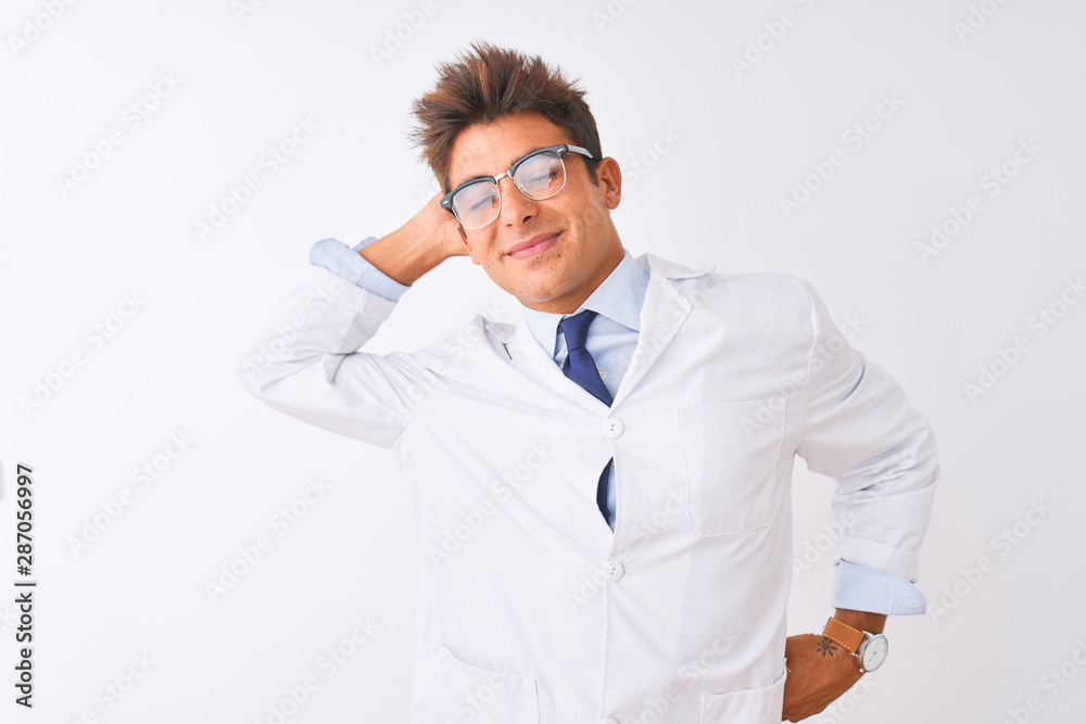 Young handsome sciencist man wearing glasses and coat over isolated white background stretching back, tired and relaxed, sleepy and yawning for early morning Young handsome sciencist man wearing glasses and coat over isolated white background stretching back, tired and relaxed, sleepy and yawning for early morning