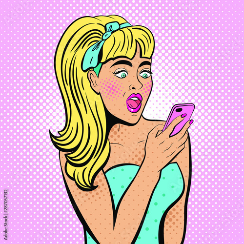 Attractive girl with wide open eyes and mouth, with phone in the hand in comic style. Pop art woman holding smartphone. Digital advertisement female model reading the message. Vector Illustration.