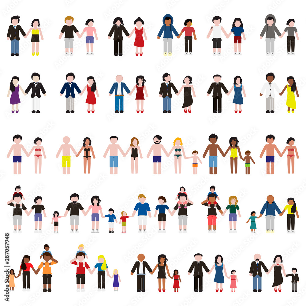 Young family and couples set. Vector.