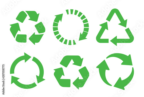 Recycle icon set. Recycling green color. Flat style stock vector.