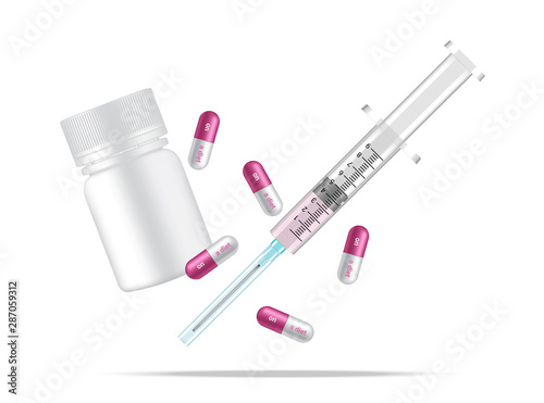 Bottle Mock up, on a Diet pills capsule Realistic and Vaccine Syringe flu shot on White Background with Packaging. Hospital Tool design Vector Illustration. Medical and Health Concept.