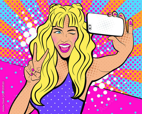 Attractive sexy girl with open eyes and mouth  with phone in the hand in comic style. Pop art woman holding smartphone. Digital advertisement  girl making selfie. Vector Illustration.