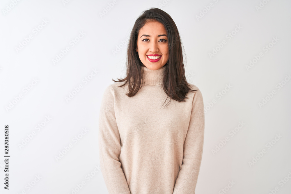 Beautiful chinese woman wearing turtleneck sweater standing over isolated white background with a happy and cool smile on face. Lucky person. Beautiful chinese woman wearing turtleneck sweater standing over isolated white background with a happy and cool smile on face. Lucky person.