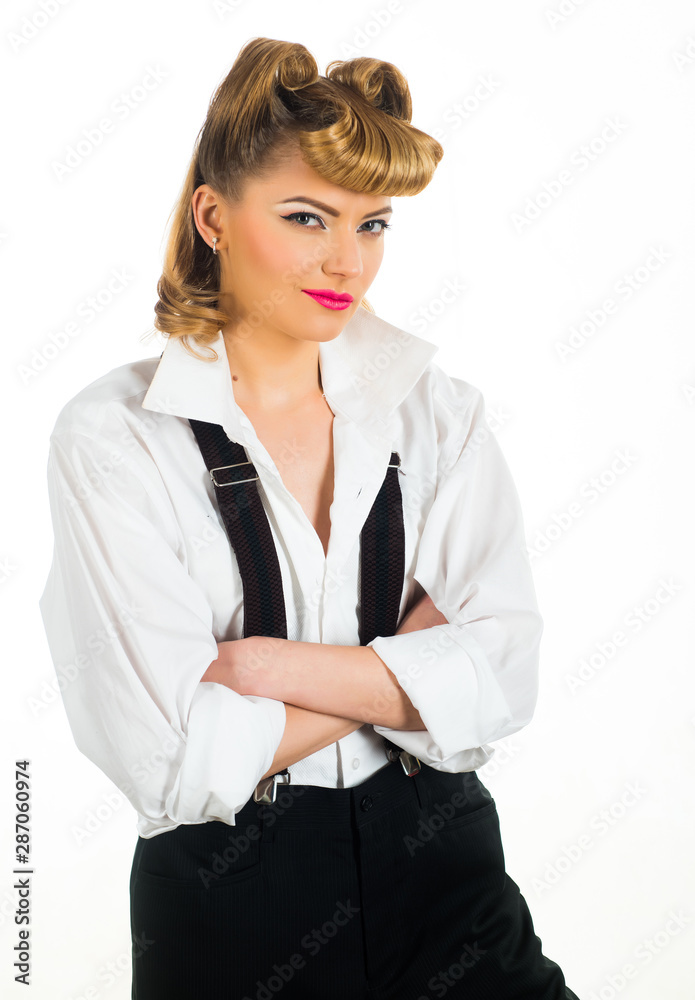 Sly woman. Cunning. The smirk A woman smiles with a secret thought. Mistrust. Young girl in business clothes. Startup. Female activity. Suspicion.