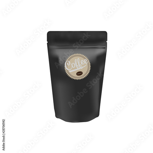 Matte black coffee bean ziplock bag stand up on white background