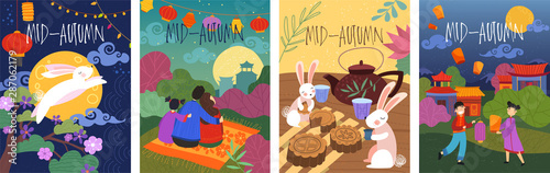 setSet of four colorful cartoon Mid-Autumn poster designs depicting a leaping rabbit, bunnies tea party, and family with glowing paper lanterns in an Asian landscape, vector illustration