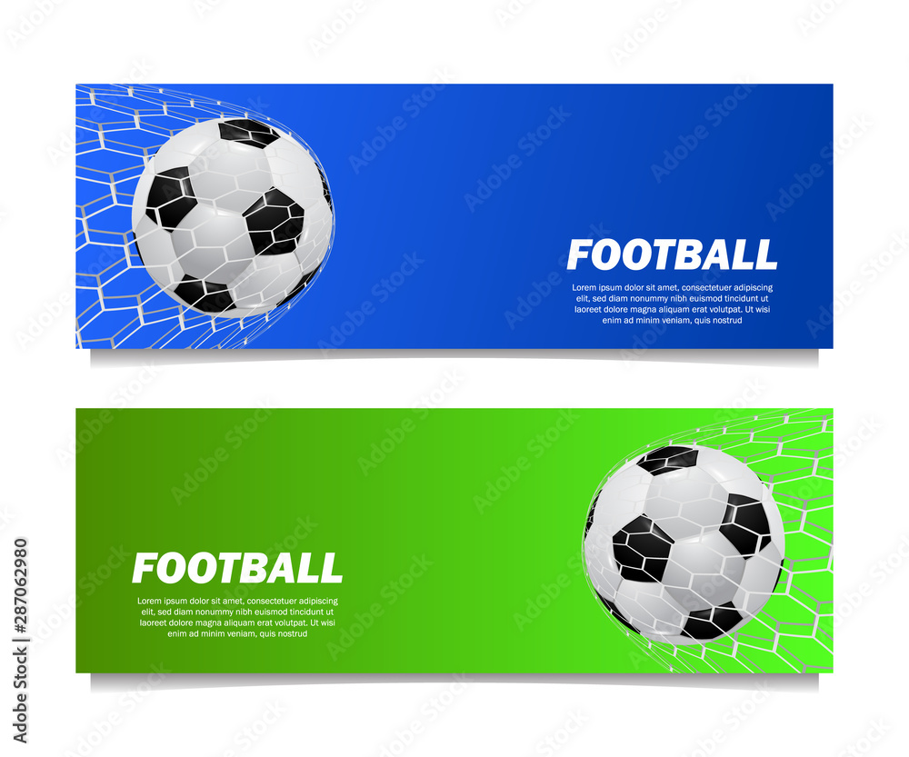 Naklejka premium shoot 3D realistic ball soccer football on the net goal with blue and green background for banner design template