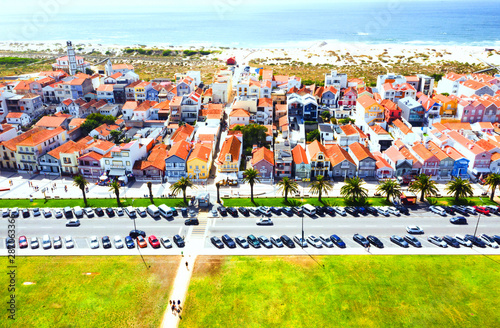 Aerial view of the famous Costa Nova colorful houses in Aveiro, Portugal photo