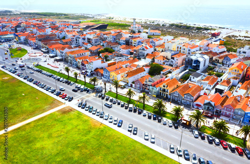 Aerial view of the famous Costa Nova colorful houses in Aveiro, Portugal