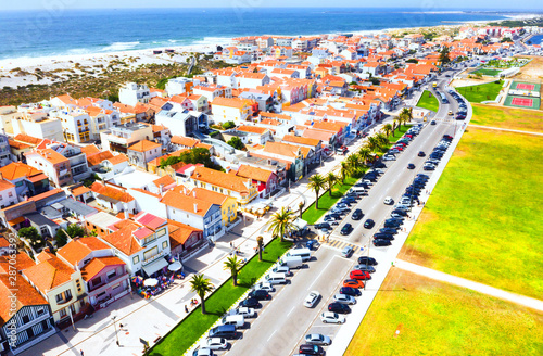 Aerial view of the famous Costa Nova colorful houses in Aveiro, Portugal photo