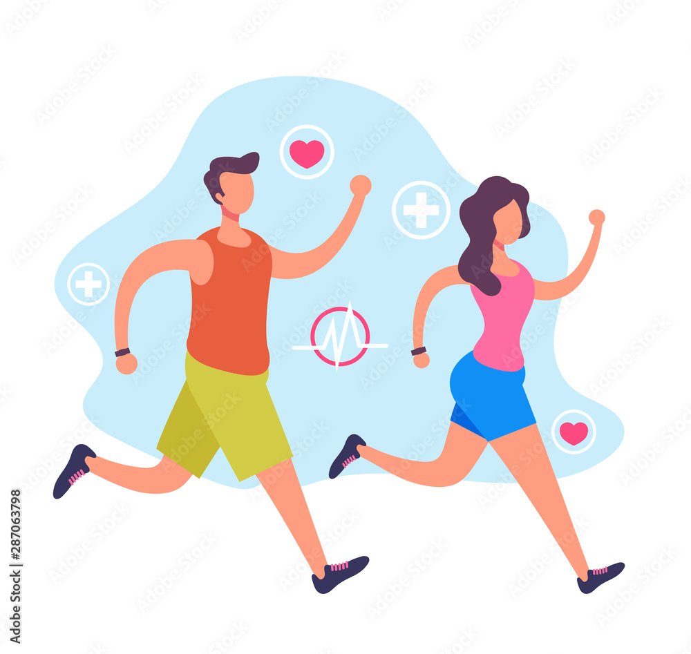 Sport people man and woman characters running jogging. Sporty healthy life concept. Vector flat cartoon graphic design illustration Sport people man and woman characters running jogging. Sporty healthy life concept. Vector flat cartoon graphic design illustration