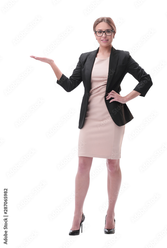 Businesswoman holding blank copy space on her open palm standing in full length Businesswoman holding blank copy space on her open palm standing in full length