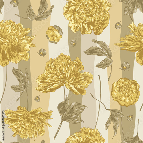 Seamless vector floral pattern with hand drawn peony flowers in pastel gold-beige colors on striped background. Endless print in vintage style