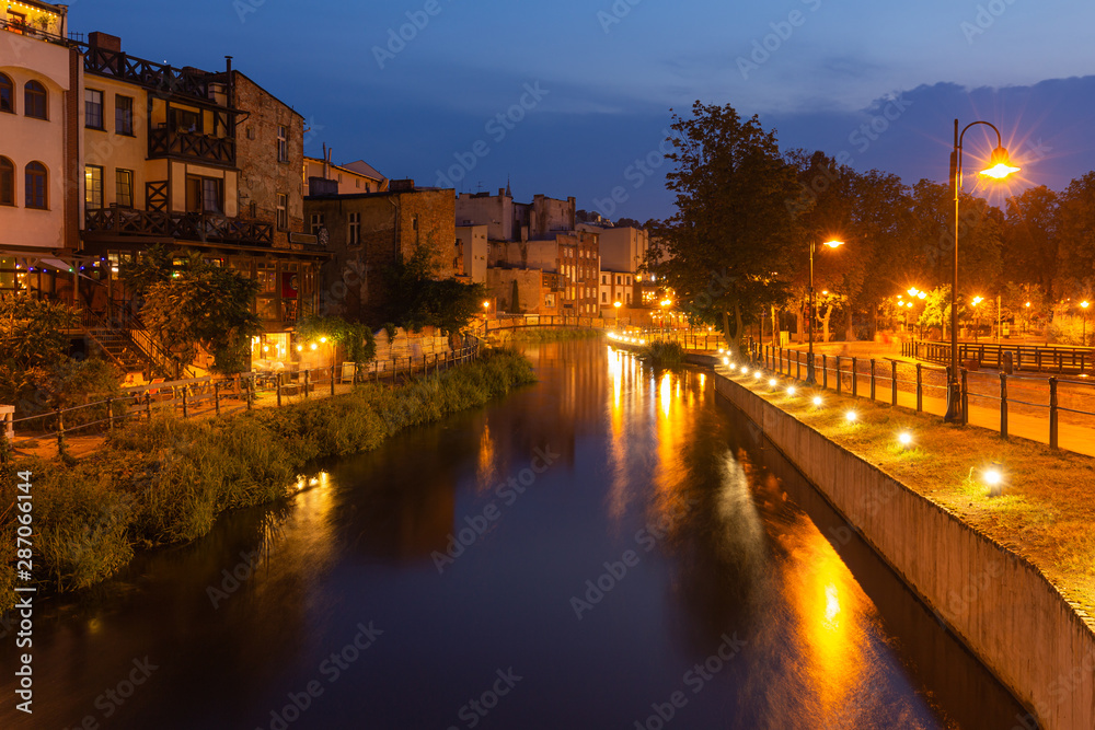Bydgoszcz by night.  Old buildings on the river Brda.  A place called Bydgoszcz Venice