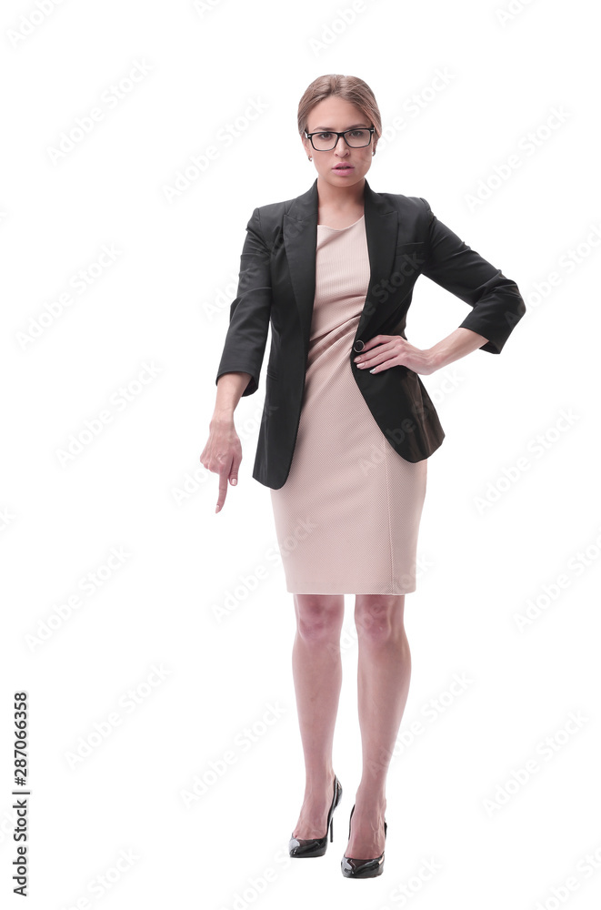 Fototapeta premium strict businesswoman pointing down. isolated on white