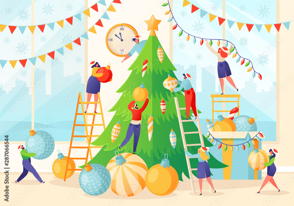 Vector illustration on New Year holiday theme. Little flat people characters decorate large, beautiful, green Christmas tree with elegant, bright and colored balls. Hang a garland and holiday flags.