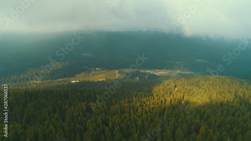 aerial forest after rain with athmosferic fog clouds and curvy country road