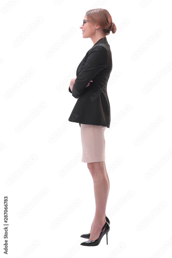 side view . smiling businesswoman looking at a blank screen side view . smiling businesswoman looking at a blank screen