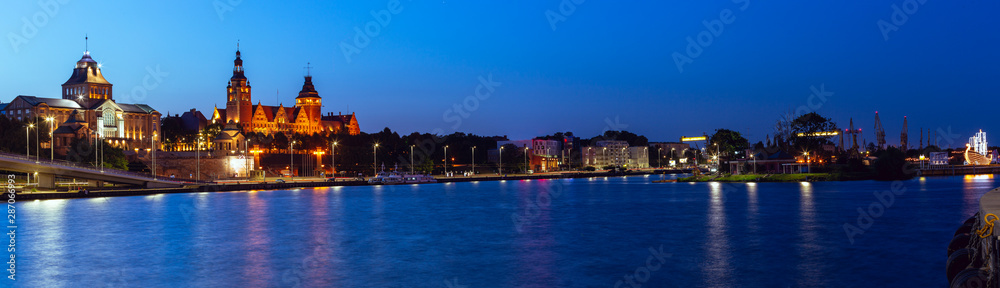 Szczecin. A night panorama of the city located on the banks of the Odra River