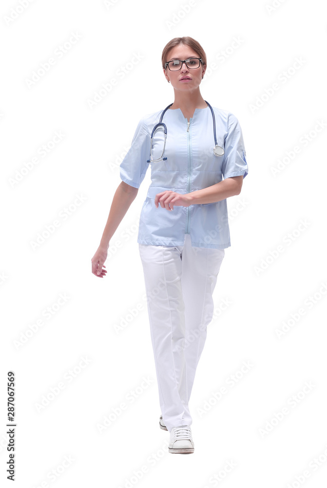 friendly medical doctor woman stepping forward . isolated on white friendly medical doctor woman stepping forward . isolated on white
