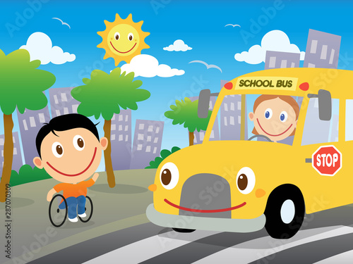 Happy boy in wheelchair is going to catch the school bus. Vector cartoon illustration