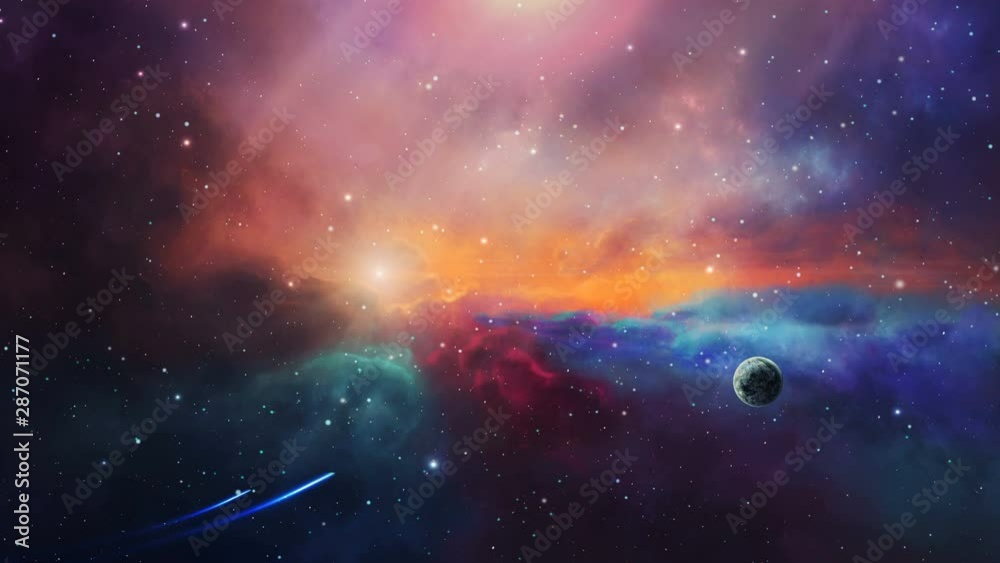 Space scene. Two small spaceship fly in colorful nebula with planet. Elements furnished by NASA. 3D rendering Space scene. Two small spaceship fly in colorful nebula with planet. Elements furnished by NASA. 3D rendering