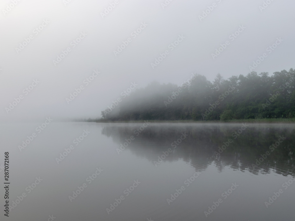 blurred lake in the background and tree silhouettes, thick mist on the lake, Lielezers lake in Augstroze, Latvia