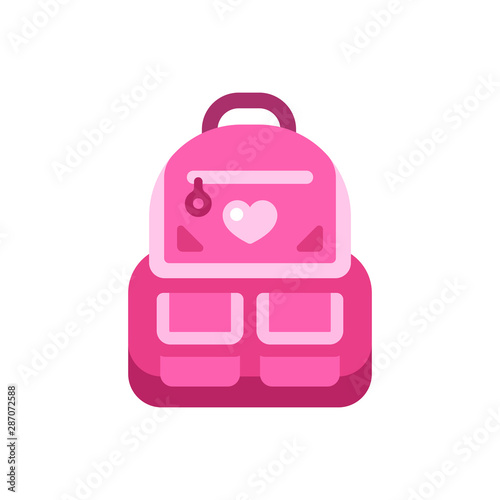 Pink school kid backpack flat icon. Back to school illustration