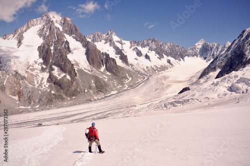 Glacier walking on the ice in Alps
