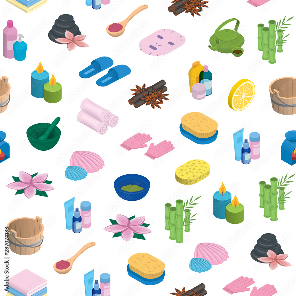 Vector isometric icons spa elements pattern. 3d realistic spa and massage salon objects background. Candles, skincare, facial mask, aromalamp texture Vector isometric icons spa elements pattern. 3d realistic spa and massage salon objects background. Candles, skincare, facial mask, aromalamp texture